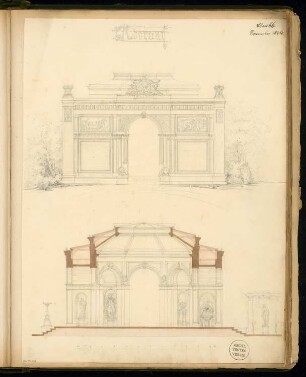 Ausstellungsgebäude Monatskonkurrenz November 1874: Aufriss Seitenansicht (Schmalseite), Querschnitt; Maßstabsleiste