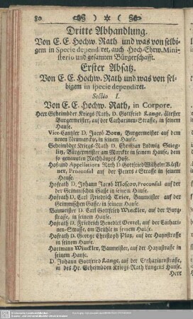 Dritte Abhandlung. Von C. C. hochw. Rath und was von selbigen in Specie dependiret, auch Hoch-Ehrw. Ministerio und gesamten Bürgerschafft