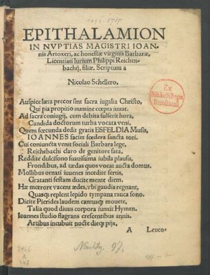 Epithalamion In Nuptias Magistri Ioannis Artoxeri, ac honestae virginis Barbarae ...