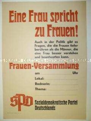 Blanko-Maueranschlag für die Einberufung von SPD-Frauenversammlungen