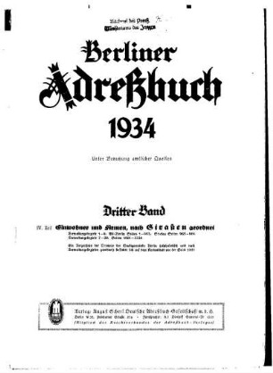 Berliner Adreßbuch 1934 Dritter Band