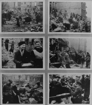 Ausstellungstafel mit Szenen aus dem amerikanischen Dokumentarfilm "Dresden 1946". Dresden, Galerie Nord. Ausstellung "Borchert, Christian, Dresden - Bilder aus Dokumentarfilmen 1913–1949"