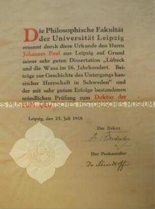 Promotionsurkunde der Philosophischen Fakultät der Universität Leipzig für Johannes Paul; Leipzig, 25. Juli 1918