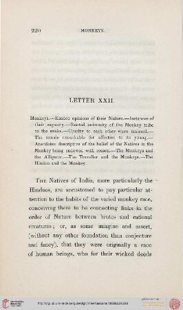 Letter XXII: Monkeys, Hindoo opinions of their Nature, ...