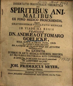 Dissertatio Inauguralis Theoretica De Spiritibus Animalibus Ex Foro Medico Proscribendis