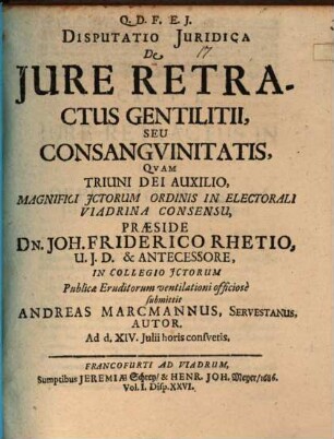 Disputatio Iuridica De Iure Retractus Gentilitii, Seu Consanguinitatis