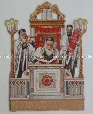 Jüdisches Oblatenbild mit der Darstellung des Lesens aus dem Talmud in der Synagoge, im Hintergrund der Toraschrein; um 1910