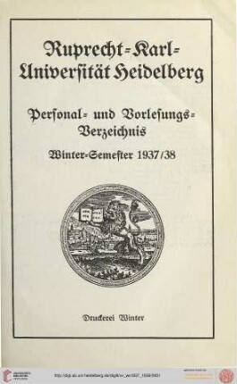 Personal- und Vorlesungsverzeichnis: Personal- und Vorlesungs-Verzeichnis Wintersemester 1937/38