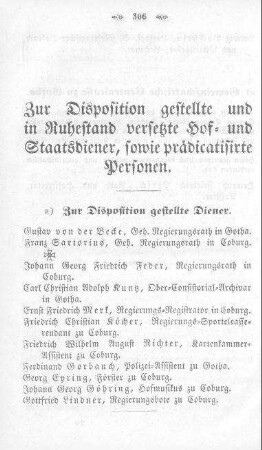 Zur Disposition gestellte und in Ruhestand versetzte Hof- und Staatsdiener sowie prädicatisirte Personen