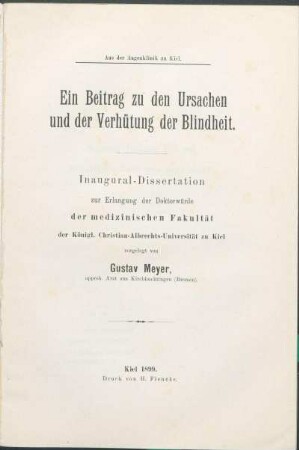Ein Beitrag zu den Ursachen und der Verhütung der Blindheit