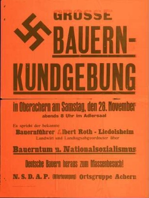 Versammlung der NSDAP-Ortsgruppe Achern: Bauerntum und Nationalsozialismus (Bauernkundgebung in Oberachern)