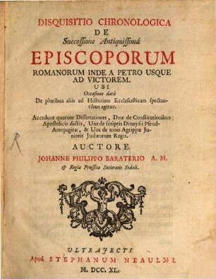 Disquisitio chronologica de Successione antiquissima Episcoporum Romanorum