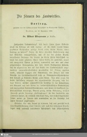 Die Steuern des Landwirthes : Vortrag, gehalten von der Oekonomischen Gesellschaft im Königreiche Sachsen, Dresden, am 12. November 1886
