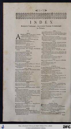 Index Rerum et Verborum, in primum Tomum Commentarii in Psalmos.