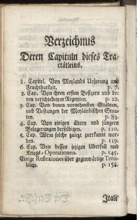 Verzeichnuß Deren Capituln dieses Tractätleins.
