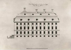 Schloss Pförten : Schloss Pförten, bezeichnet: "Seiten Facade nach dem Lust Garten des Graeffl. Brühls. Hauses zu Pfördten", oben rechts "Tab C I", unten rechts Aufkleber: "9t April 178. J. G. F. Toermer" (178; Federriß, getönt; 32 x 50 cm; Privatbesitz)