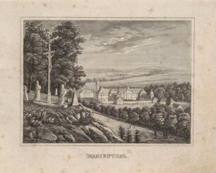 Das Kloster Marienthal in Ostritz an der Neiße in der Oberlausitz vom Kalvarienberg nach Südosten, aus Schiffners Beschreibung von Sachsen um 1840