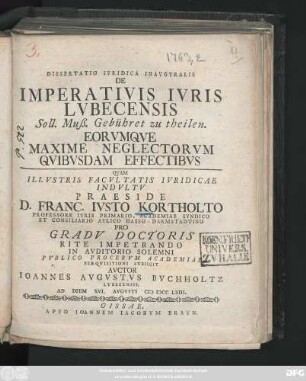 Dissertatio Ivridica Inavgvralis De Imperativis Ivris Lvbecensis Soll. Muß. Gebühret zu theilen. Eorvmqve Maxime Neglectorvm Qvibvsdam Effectibvs