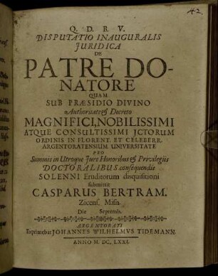 Disputatio Inauguralis Iuridica De Patre Donatore