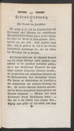 Lebens-Ordnung. II. Für Kranke im Faulfieber