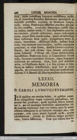 LXXXII. Memoria D. Caroli Ludouici Busmanni