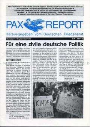 Mitteilungsblatt (Rundbrief) des Deutschen Friedensrates u.a. zur Gewaltlosigkeit, über den Nahostkonflikt und zu den Auslandseinsätzen der Bundeswehr – Sachkonvolut