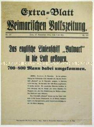 Extra-Blatt der "Weimarischen Volkszeitung" zur Versenkung eines englischen Linienschiffes
