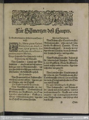 [Erster Teil] Für Schmertzen desz Haupts