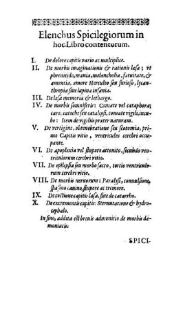 Elenchus Spicilegiorum in hoc Libro contentorum.