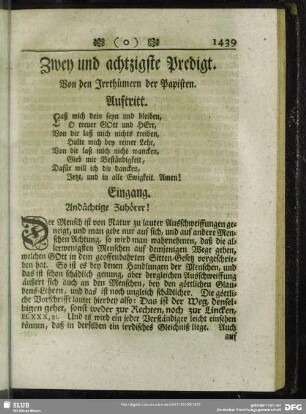 Zwey und achtzigste Predigt. Von den Irrthümern der Papisten