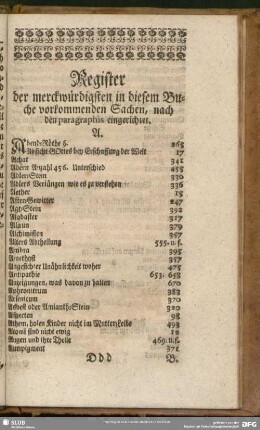 Register der merckwürdigsten in diesem Buche vorkommenden Sachen, nach den paragraphis eingerichtet