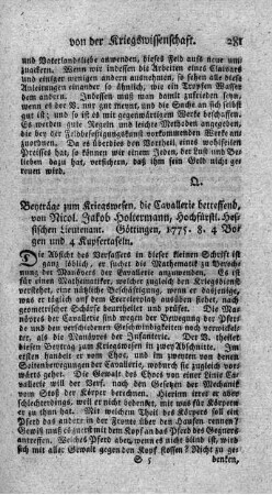 Beyträge zum Kriegswesen, die Cavallerie betreffend.