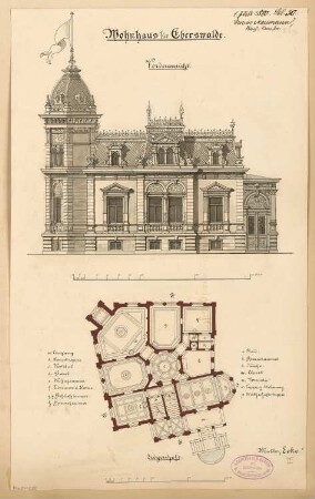 Wohnhaus, Eberswalde Monatskonkurrenz Juli 1880: Grundriss Erdgeschoss, Aufriss Straßenansicht (Alsenplatz); 2 Maßstabsleisten, Legende
