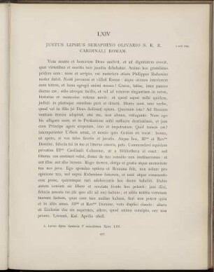 LXIV. Juste Lipse au card Séraphin Olivier. Louvain, 1 avril 1605
