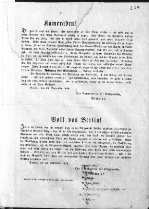 Kameraden! Die Zeit ist ernst und schwer! Volk von Berlin! Indem ich hiermit den am heutigen Tage [...] (Sammlung Friedlaender)