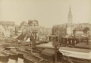 "Hohe Brücke vom Kehrwieder aus gesehen" aus der Mappe "Hamburg 1884. Ansichten aus dem niederzulegenden Stadttheil"