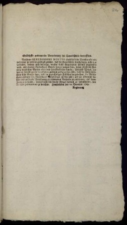 Gnädigste anderweite Verordnung die Hazardspiele betreffend : Zweybrücken den 12. December 1769.