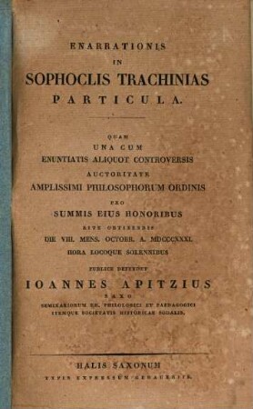 Enarrationis in Sophoclis Trachinias Particula