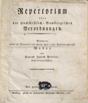 Repertorium über die Hochfürstlich-Bambergischen Verordnungen