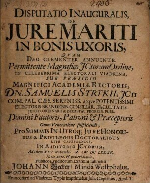 Disputatio Inauguralis, De Jure Mariti In Bonis Uxoris