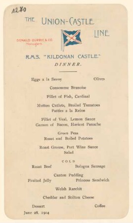 Menükarte : Dinner, R.M.S. "Kildonan Castle"