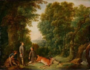 Waldlandschaft mit Jägern und erlegtem Rotwild