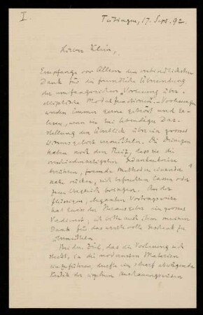 Brief von Alexander von Brill an Felix Klein. Tübingen, 17.9.1892