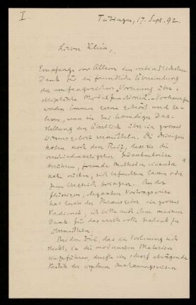 Brief von Alexander von Brill an Felix Klein. Tübingen, 17.9.1892