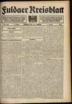 Erste Ausgabe vom Mittwoch, den 25. Oktober 1911.