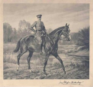 Herzog Albrecht von Württemberg in Uniform und Mütze zu Pferd, mit faksimilierter Unterschrift des Herzogs