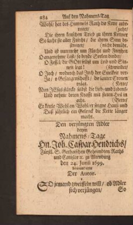 Den verjüngten Adler beym Nahmens=Tage Hn. Joh. Caspar Hendrichs/ Fürstl. S. Gothaischen Geheimbten Raths und ...