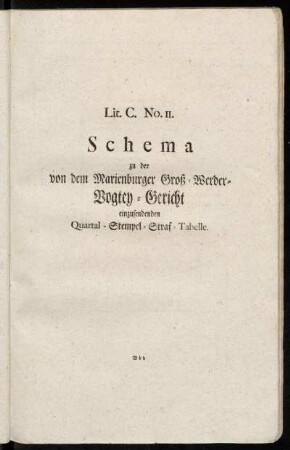 Lit. C. No. 11. Schema zu der von dem Marienburger Groß-Werder-Vogtey-Gericht einzusendenden Quartal-Stempel-Straf-Tabelle