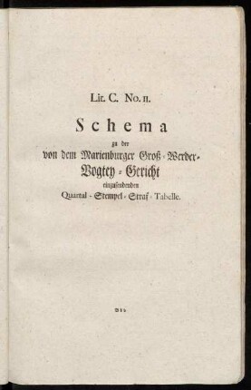 Lit. C. No. 11. Schema zu der von dem Marienburger Groß-Werder-Vogtey-Gericht einzusendenden Quartal-Stempel-Straf-Tabelle