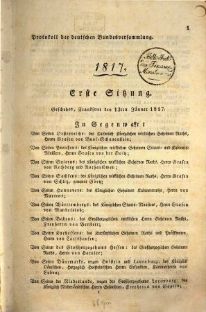 Protokolle der Deutschen Bundesversammlung. [2.] 1817,[a] = Sitzung 1 - 58 = Jan. - Juni